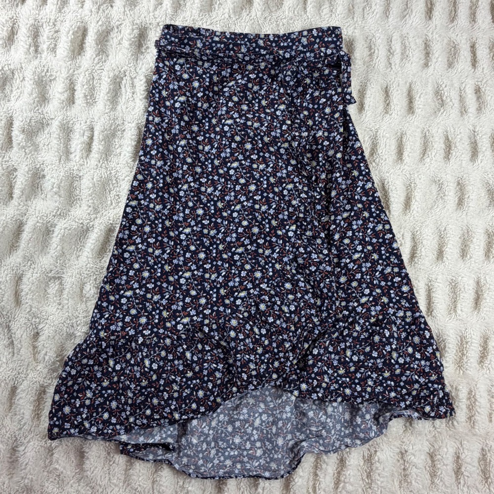 Madewell Navy Blue Ditsy Floral Ruffle Wrap Midi Skirt Size 00 High Low